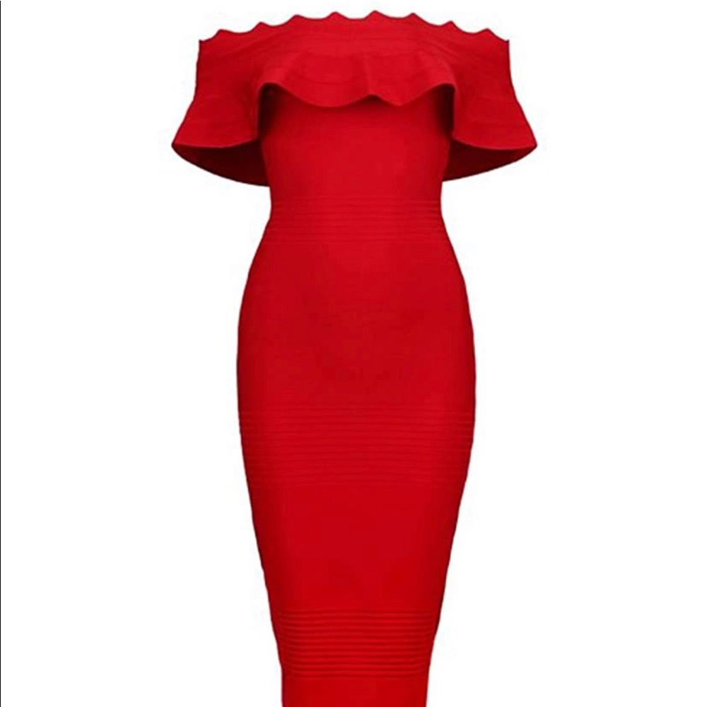 Red Mid- Calf Off Shoulder Ruffle Bandage Dress.